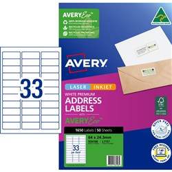 Avery Premium Address Labels White Laser Inkjet AveryEco L7157 64x24.3mm 33UP 1650 Lab